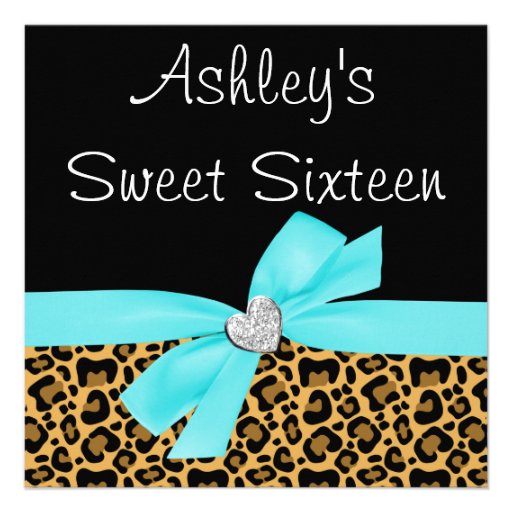 Leopard Teal Bow Diamond Sweet 16 Invitations