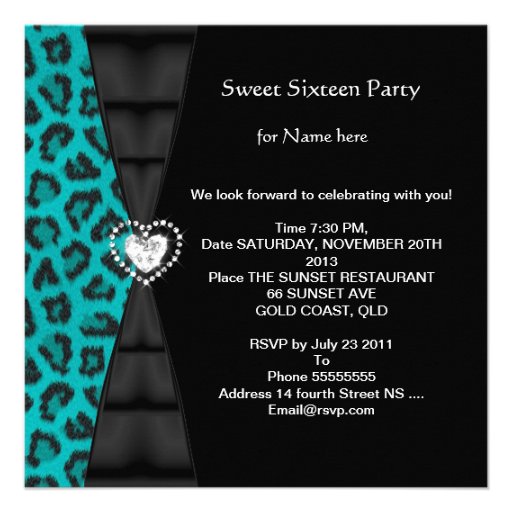 Leopard Teal Sweet 16 Sixteen Birthday Party Invite