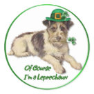 round_sticker - This adorable little dog is wearing a green hat with gold buckle and shamrock accent. He holds a shamrock stem in his mouth and the text says ... Of Course Im a Leprechaun. Many matching gifts available in my store with this design.: Sizes 