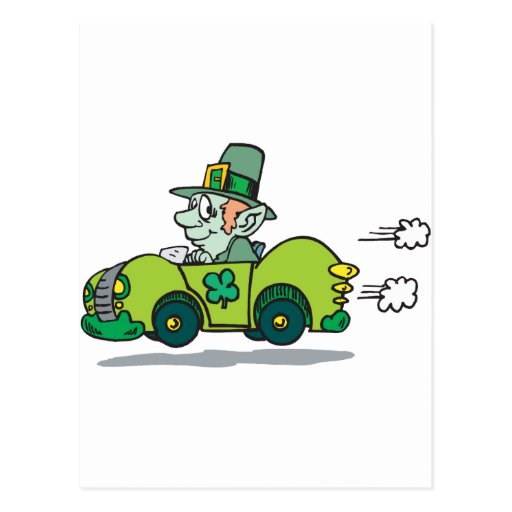 Leprechaun Driving A Green Car Postcard | Zazzle