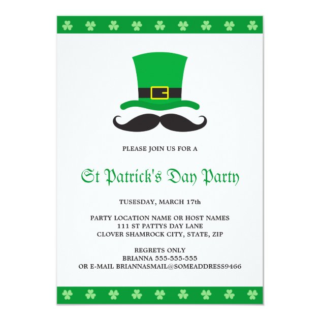 Leprechaun hat mustache St Patrick's day party 5x7 Paper Invitation Card (front side)