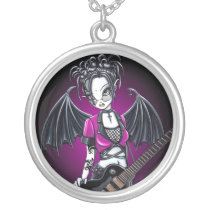 leslie, guitar, fairy, art, faerie, gothic, black, pink, fantasy, faery, fae, pixie, big, eyed, myka, jelina, mika, Necklace with custom graphic design