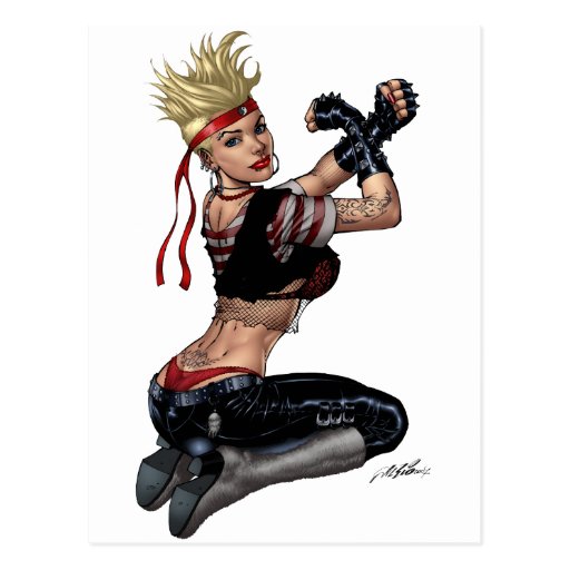 Let's Fight! Blond Punk Rock Girl Pin-up by Al Rio Post Card