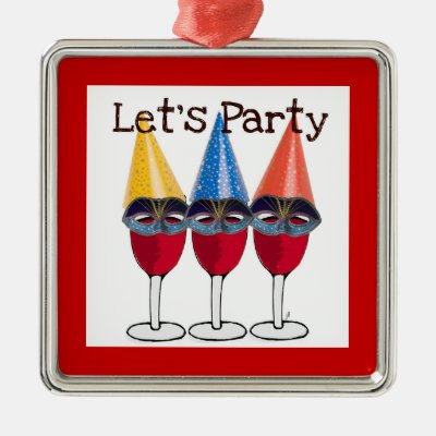 let's Party" Red Wine Glasses In Party Hats Ornam Christmas Ornaments