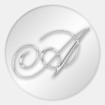 Letter A script initial faux silver monogram favor Round Sticker