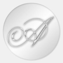 Letter A script initial faux silver monogram favor Round Sticker