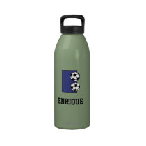 Letter E Monogram in Soccer Blue water bottles