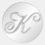 Letter K script initial faux silver monogram favor Round Stickers