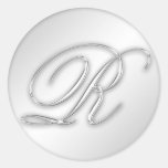 Letter R script initial faux silver monogram favor Round Stickers
