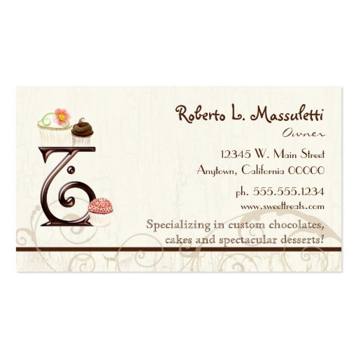 Letter T Monogram Dessert Bakery Business Cards (back side)
