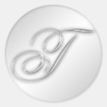 Letter T script initial faux silver monogram favor Stickers