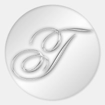 Letter T script initial faux silver monogram favor stickers