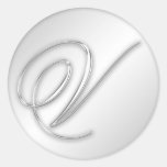 Letter V script initial faux silver monogram favor Round Stickers