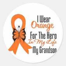Leukemia Orange Ribbon Hero My Grandson Round Sticker