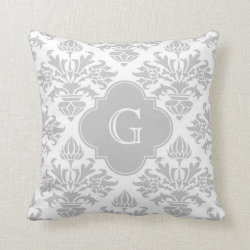 Lg Gray White Floral Damask #3 Gray Monogram Label Pillow
