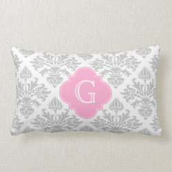 Lg Gray White Floral Damask #3 Pink Monogram Label Pillow