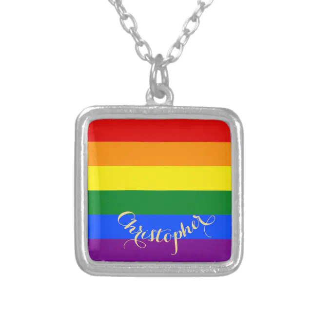 LGBT Gay Lesbian Pride Rainbow Flag Monogrammed Silver Plated Necklace