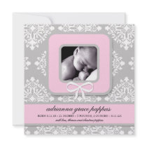 LGC | Gray & Pink Damask Girl Announcement invitations