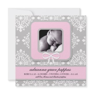 Gray & Pink Damask Girl Announcements