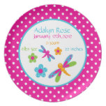 Libélulas rosadas/placa azul del nacimiento plato de cena