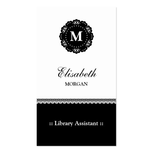 Library Assistant - Elegant Black Lace Monogram Business Card (front side)