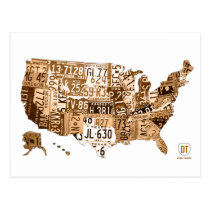 License Plate Map of the USA Sepia Postcard postcards