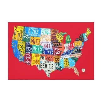 License Plate Map of the USA Wrapped Canvas 36x24