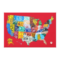 License Plate Map of the USA Wrapped Canvas Red canvas prints