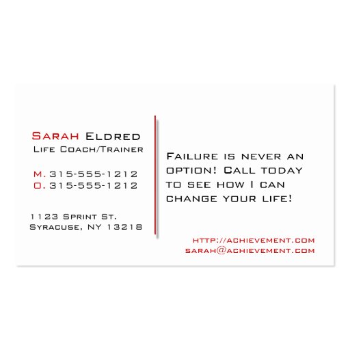 Life Coach Failure Is Not An Option Business Cards (back side)