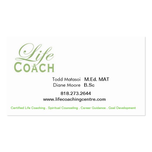 Life Coach II Personal Goals Spiritual Counseling Business Card Templates (back side)