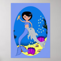 Lifen the Blue Mermaid and Dolphin Poster