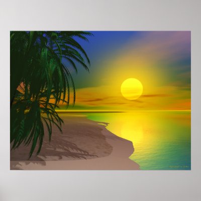A tropical island scene with a beach, palm trees and setting sun.
