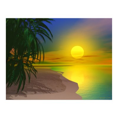 A tropical island scene with a beach, palm trees and setting sun.