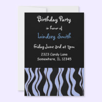 Light Blue and Black Zebra Birthday Invitation
