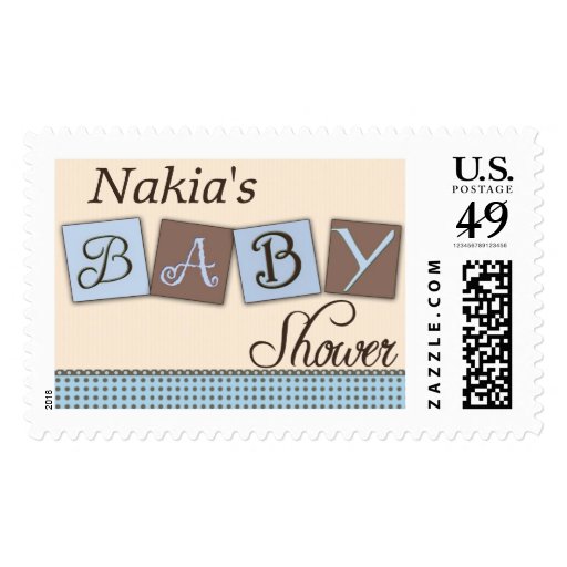 Light blue and brown polka dot USPS baby shower Postage Stamp | Zazzle