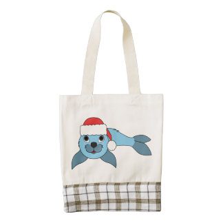 Light Blue Baby Seal with Christmas Red Santa Hat Zazzle HEART Tote Bag