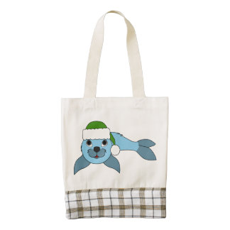 Light Blue Baby Seal with Green Santa Hat Zazzle HEART Tote Bag