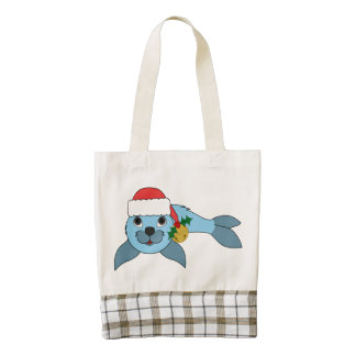 Light Blue Baby Seal with Santa Hat & Gold Bell Zazzle HEART Tote Bag