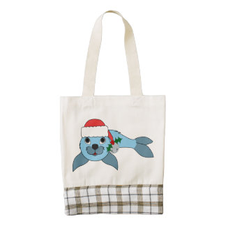 Light Blue Baby Seal with Santa Hat & Silver Bell Zazzle HEART Tote Bag
