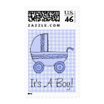 Light Blue Baby Stroller on Checks. Its A Boy. Stamps