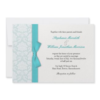 Light Blue Damask Turquoise Bow Wedding Invitation invitation