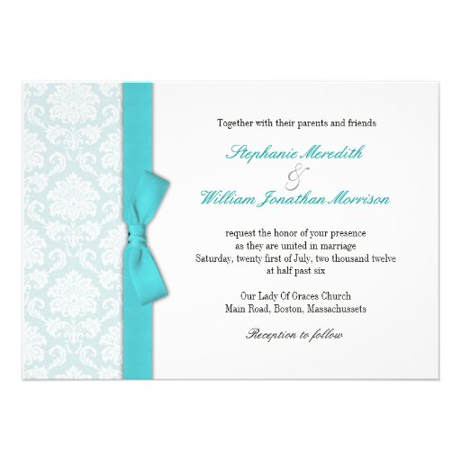 Light Blue Damask Turquoise Bow Wedding Invitation