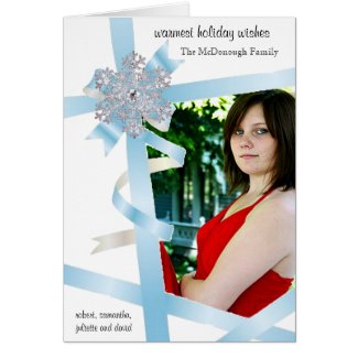 Light Blue Ribbon Snowflake Photo Holiday Greeting Greeting Card