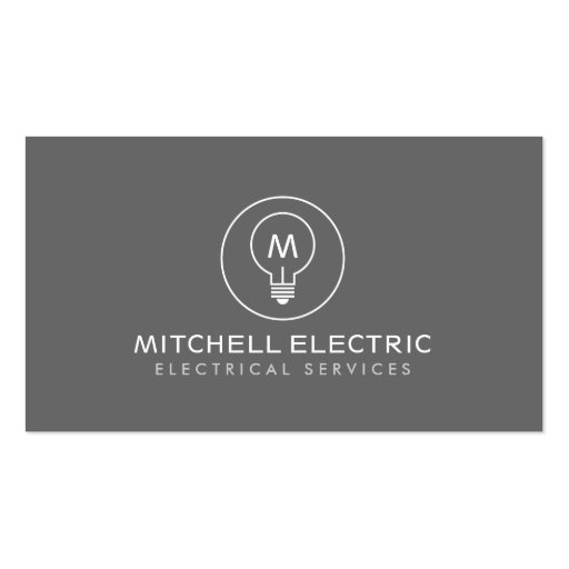 LIGHT BULB MONOGRAM LOGO on GRAY for ELECTRICANS Business Card (front side)