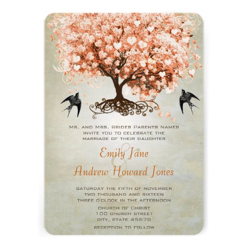 Light Coral Heart Leaf Tree Vintage Birds Wedding Personalized Announcements