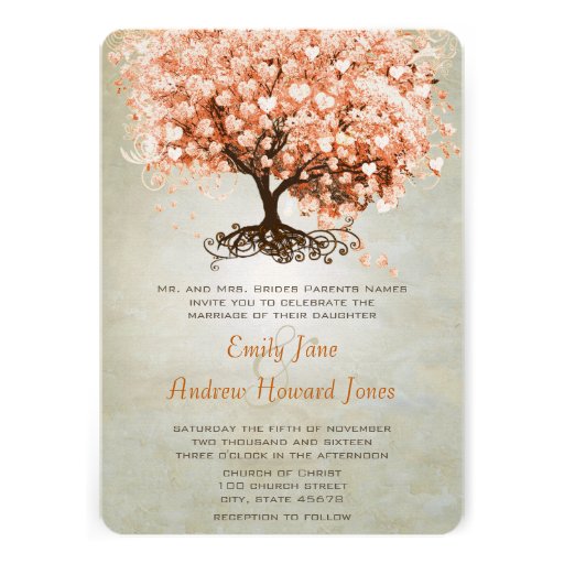 Light Coral Heart Leaf Tree Wedding Invites (front side)