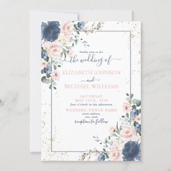 Light Dusty Blue Blush Pink Gold Floral Photo Invitation Zazzle