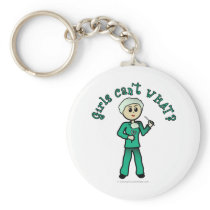 Light Female Surgeon in Green Scrubs keychains