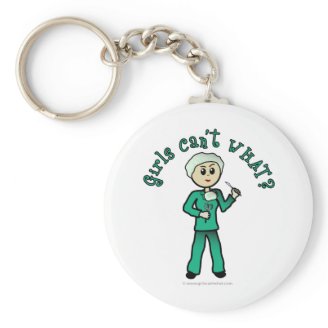 Light Female Surgeon in Green Scrubs Keychain
