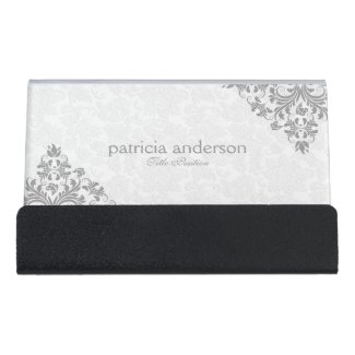 Light Gray Plush Lace And White Damask Desk Business Card Holder